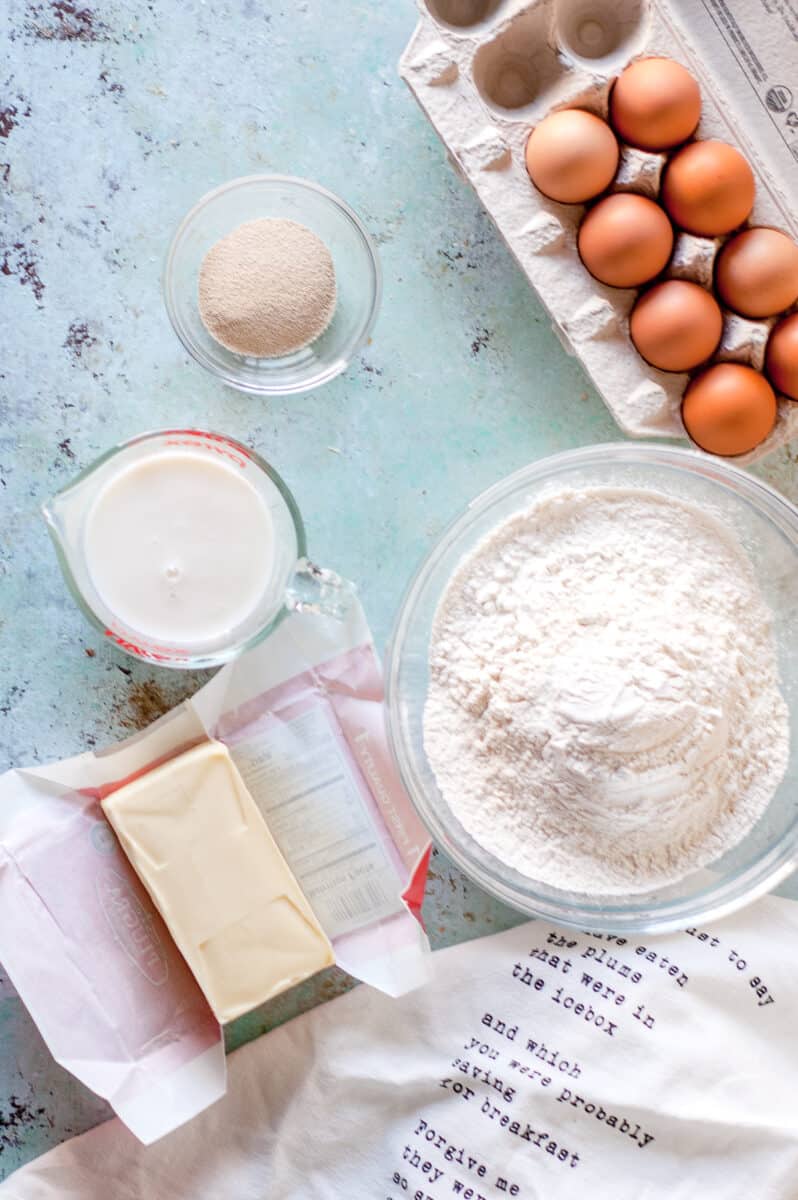 Flour, butter, milk, yeast, and eggs