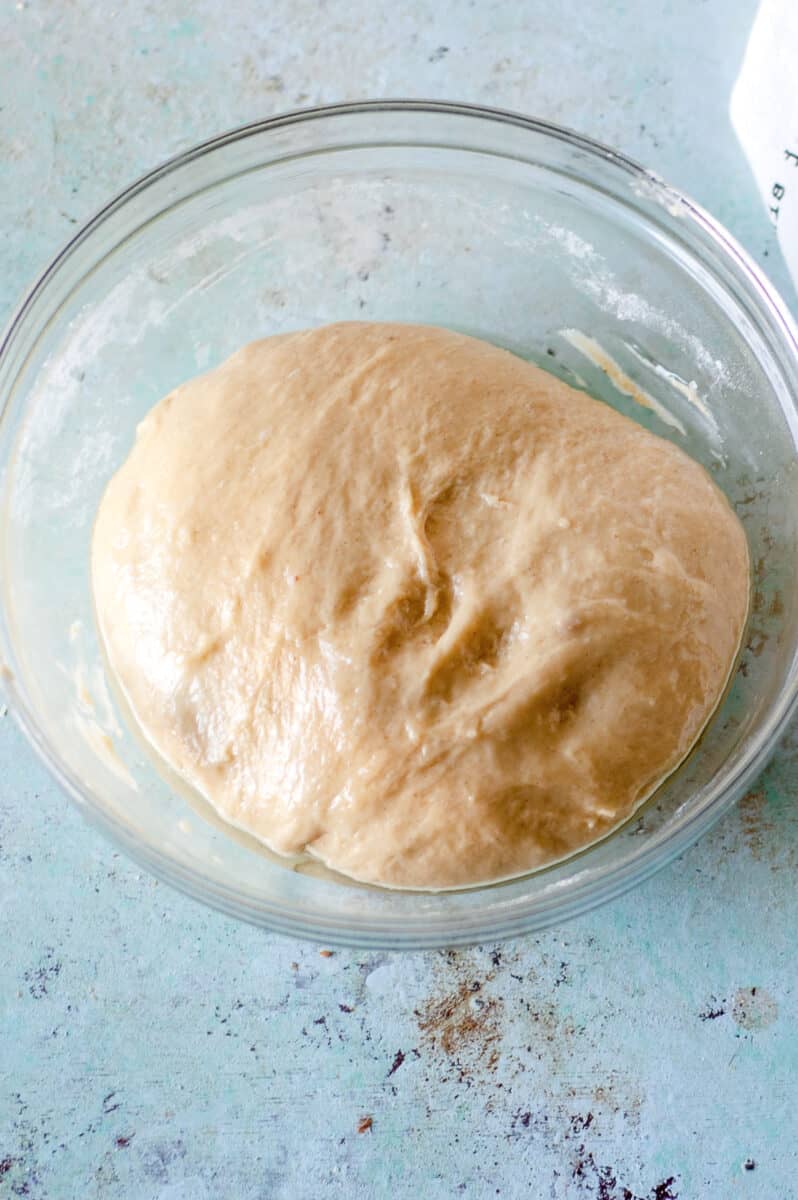 Paczki dough in a glass bowl