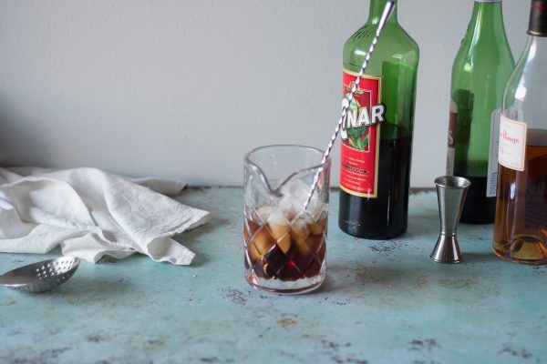 The Popinjay, a cocktail with Cynar, Cognac, and Punt e Mes. From Blossom to Stem | www.blossomtostem.net