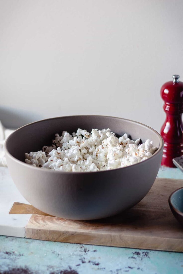 Cacio e Pepe Popcorn in a big beige bowl