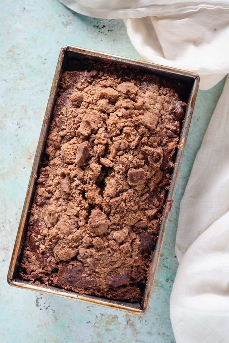 Streusel-Topped Banana Bread in a loaf pan