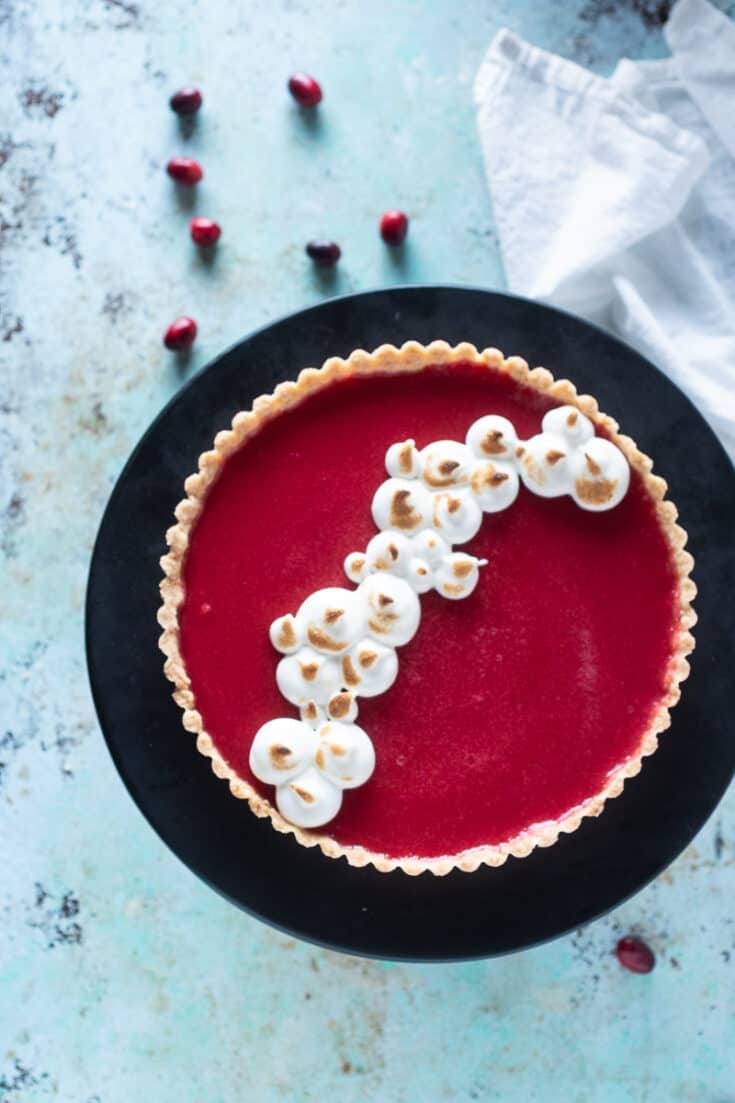 Cranberry Curd Tart with toasted meringe, vertical orientation