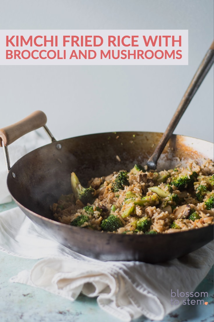 Kimchi Fried Rice with Broccoli and Mushrooms. A simple weeknight meal that beats takeout, hands down. Vegetarian, gluten free, vegan adaptable.