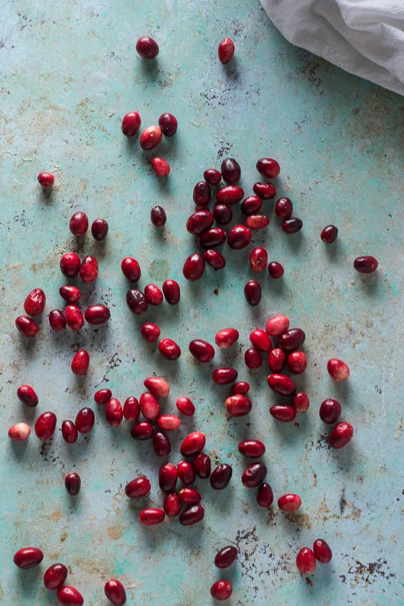 Cranberries scattered on a blue background