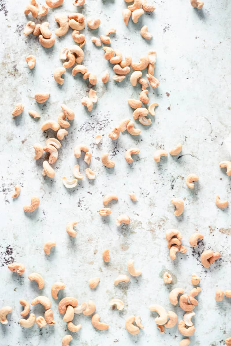 Cashews scattered on a table