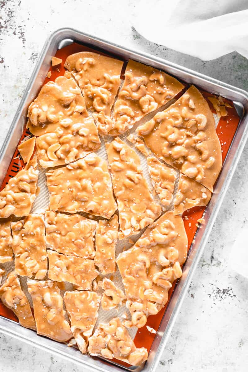 Cashew brittle on a sheet pan