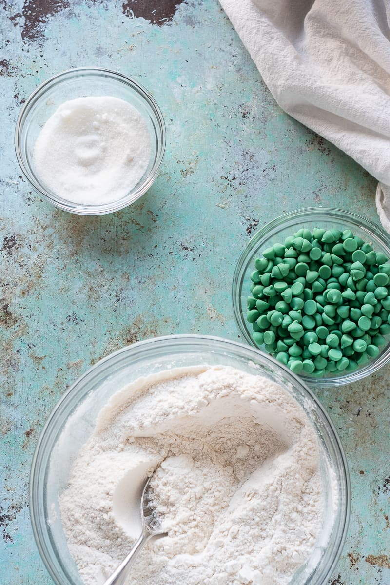 Sugar, mint chips, and flour in a bowl