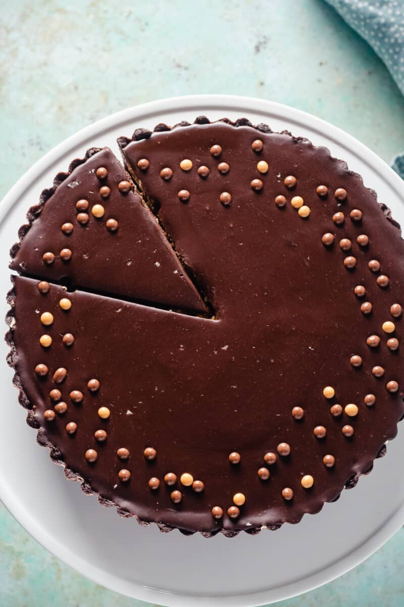 Sliced chocolate peanut butter tart