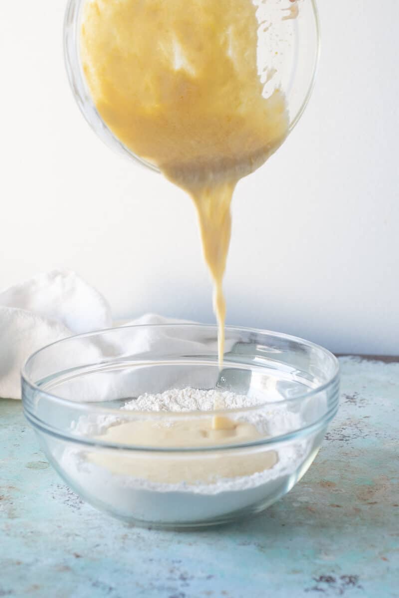 Adding wet ingredients to dry ingredients