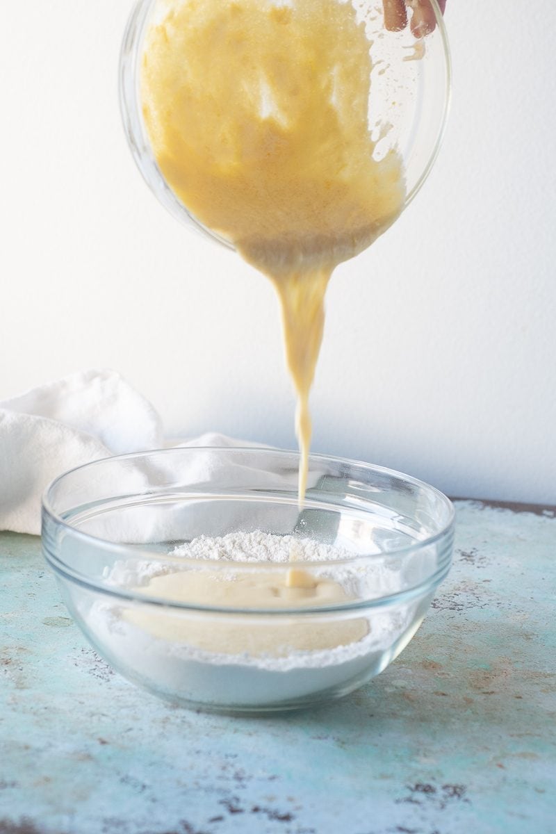Adding wet ingredients to dry ingredients
