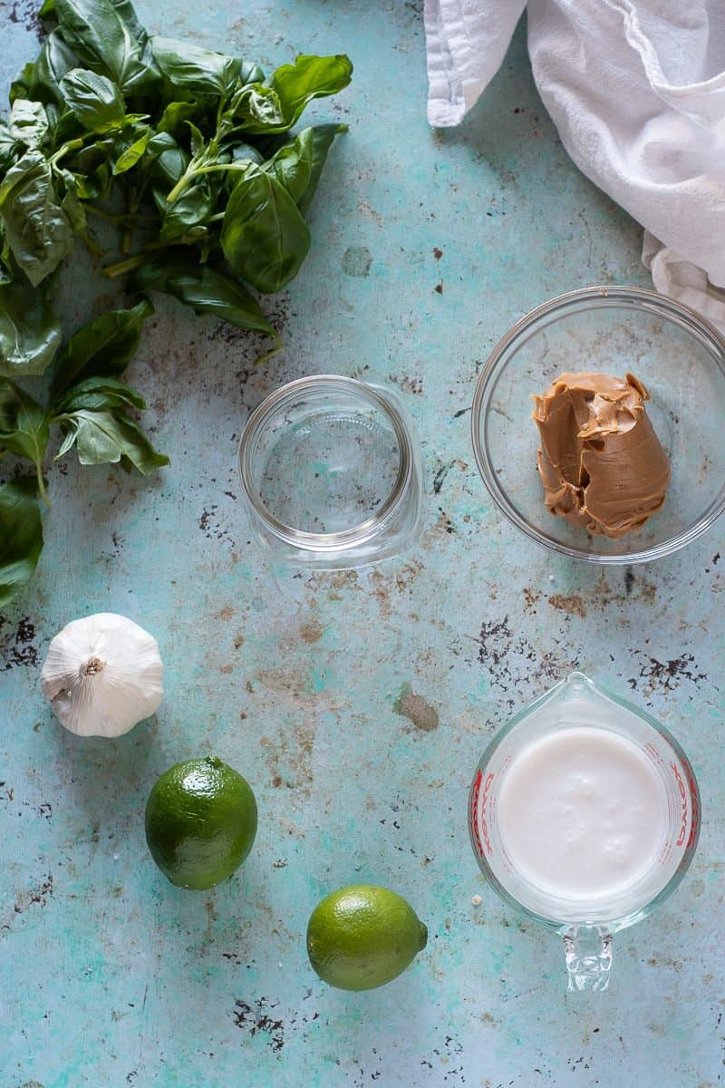 Basil, peanut butter, coconut milk, limes, and garlic