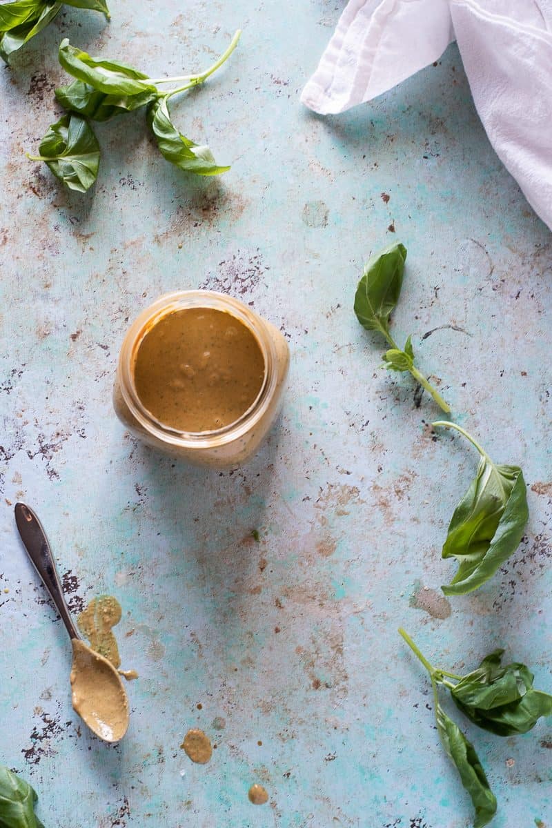 Peanut sauce with coconut milk and basil, overhead shot