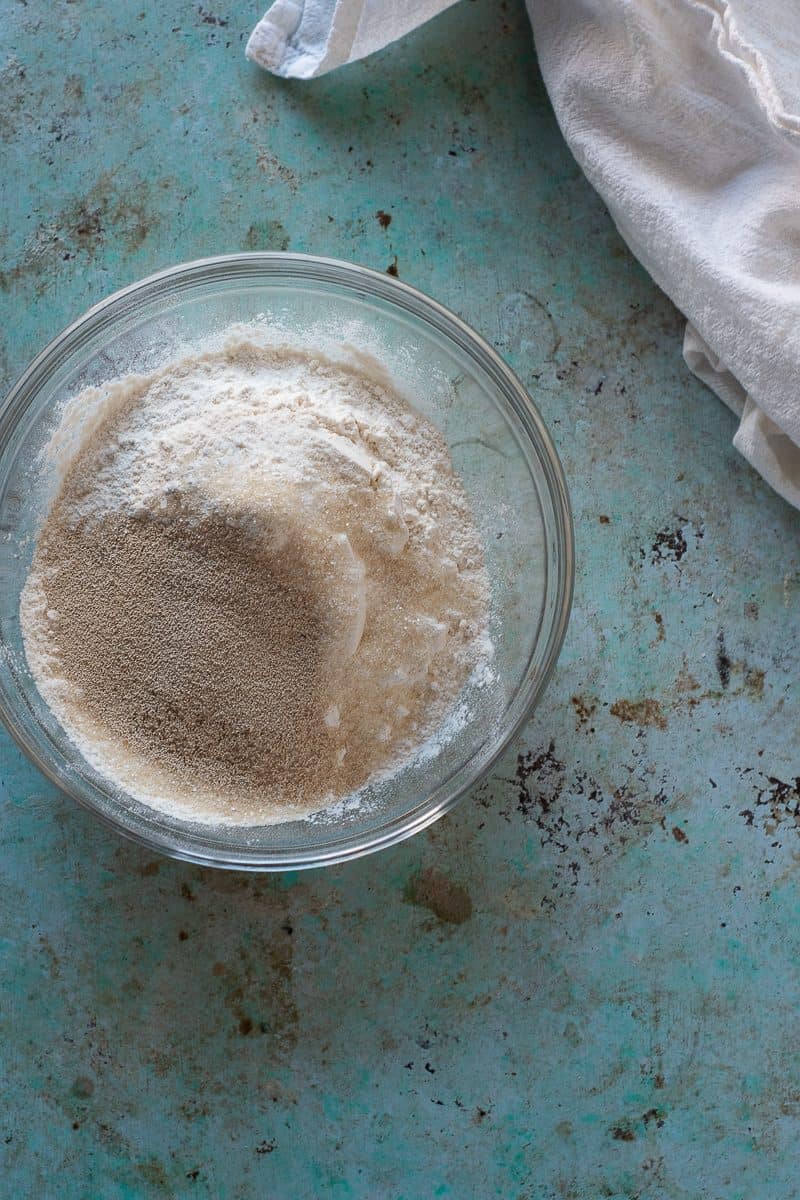 Flour, sugar, yeast, salt in a bowl