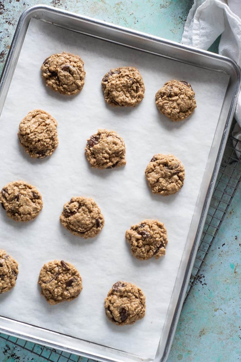 Oatmeal Chocolate Chip Cookies on a sheet pan