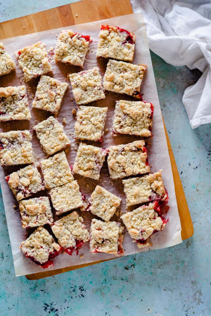 Strawberry Crumb Bars sliced into squares