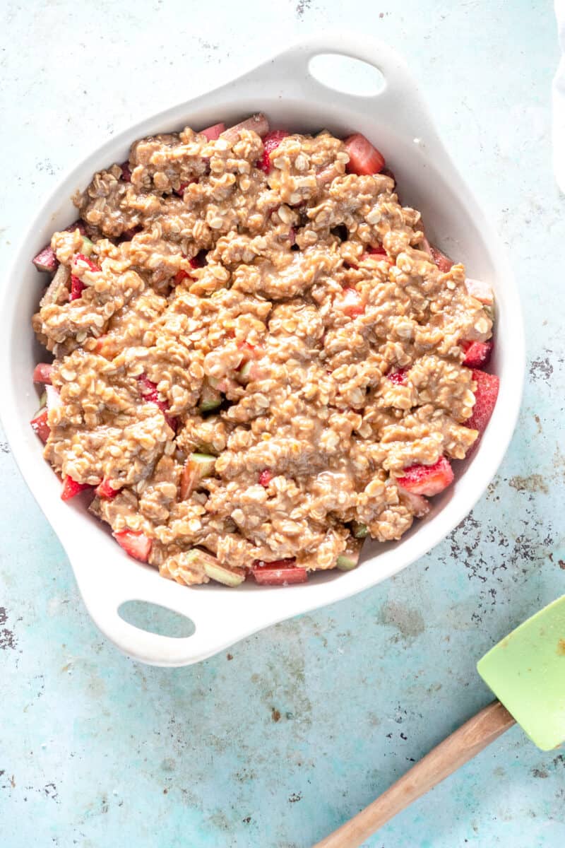 Unbaked oat flour strawberry rhubarb crisp