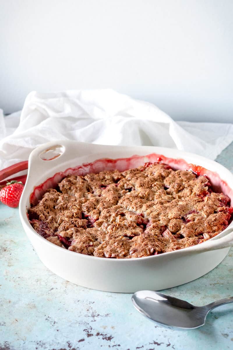 Oat Flour Strawberry Rhubarb Crisp, side view