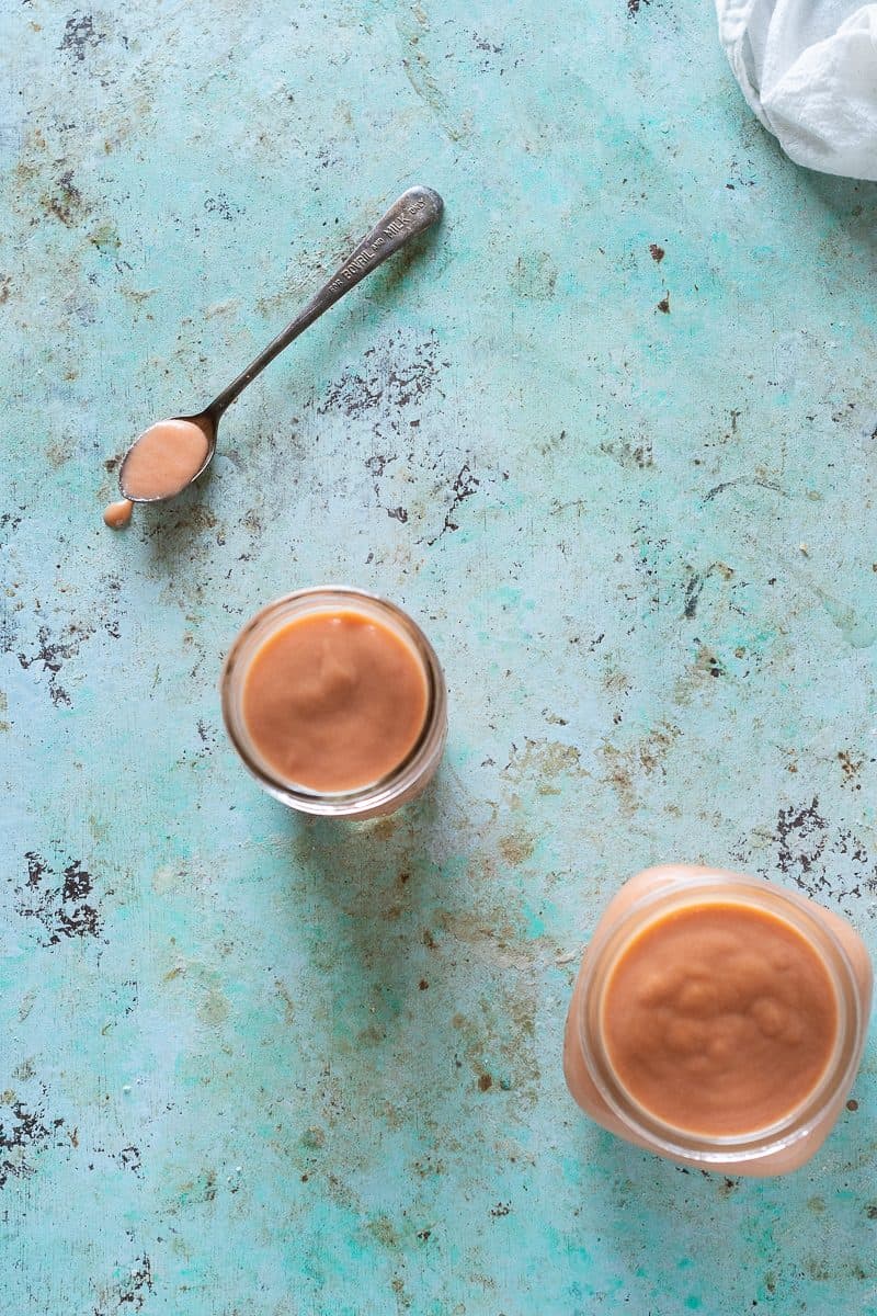 Rhubarb curd in jars, overhead view