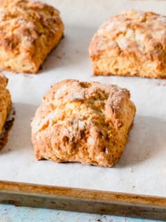 Buttermilk Biscuits on a baking sheet, close up