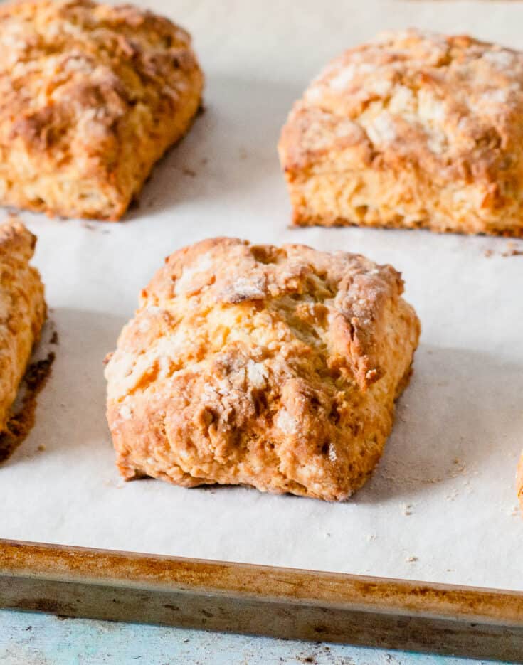 Buttermilk Biscuits on a baking sheet, close up