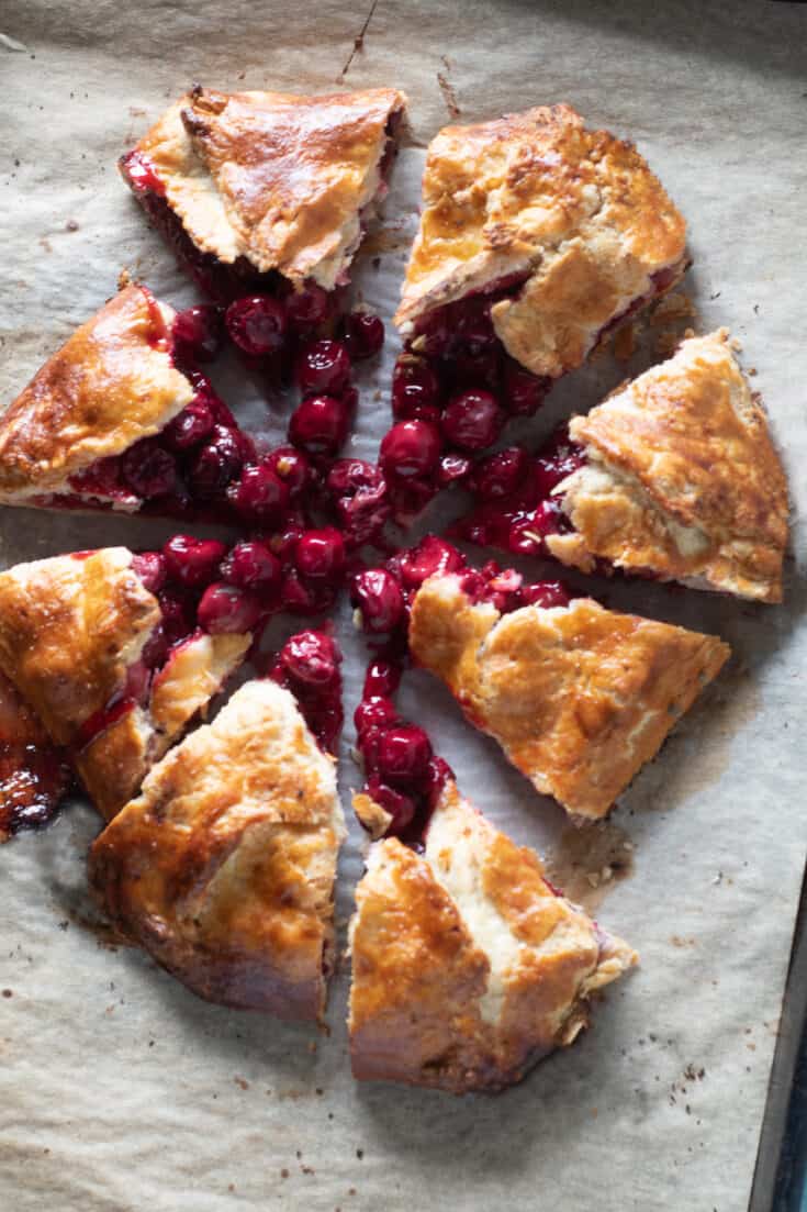 Sliced cherry galette on parchment paper