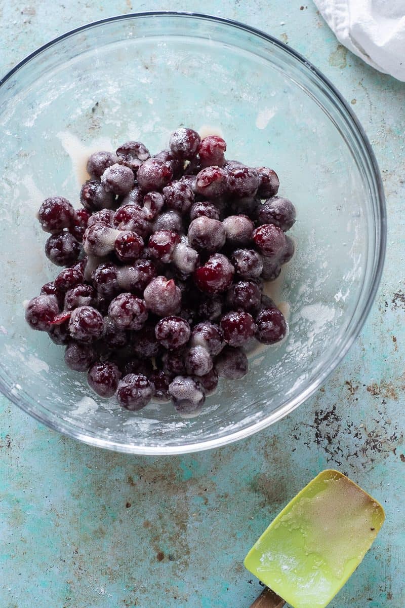 Cherries mixed in sugar, tapioca starch, and lime juice