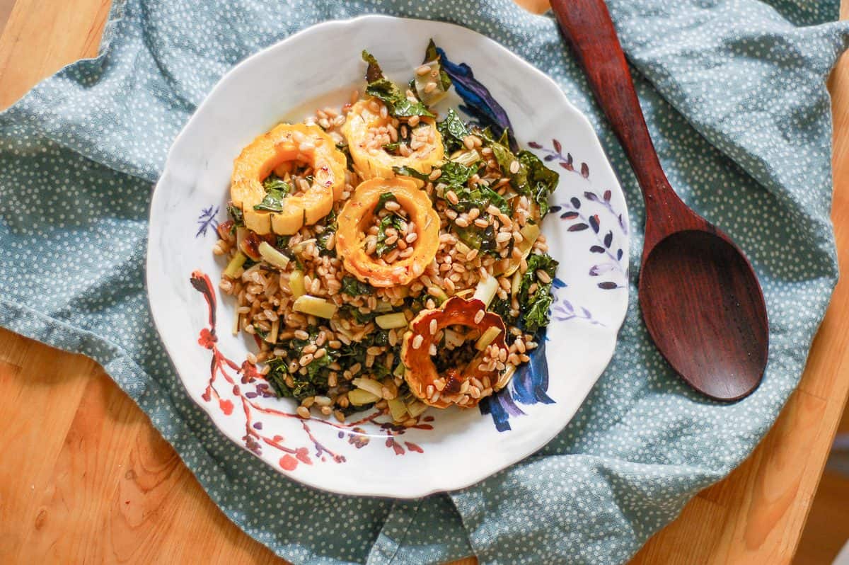 Roasted Delicata Squash with Farro, Leeks, and Kale