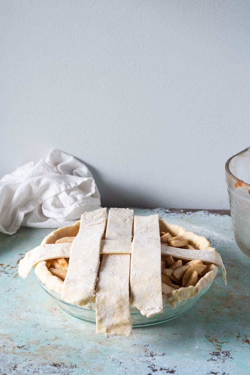 Fourth strip of lattice added to pie over the second strip and to the left of the first strip