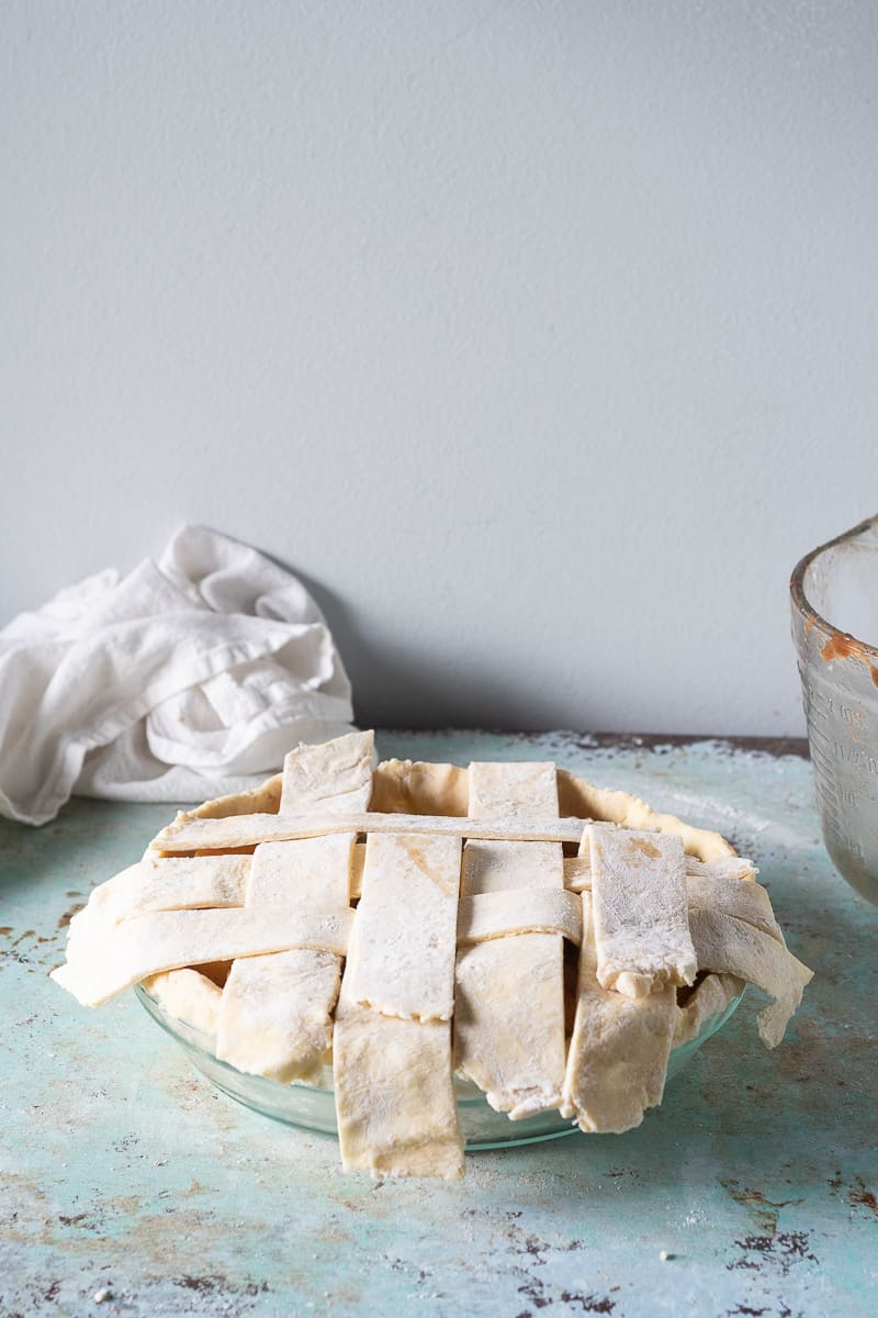 The seventh lattice strip added to the top of the pie