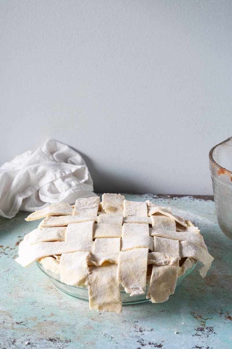 Eight strip of lattice added to the top of the pie