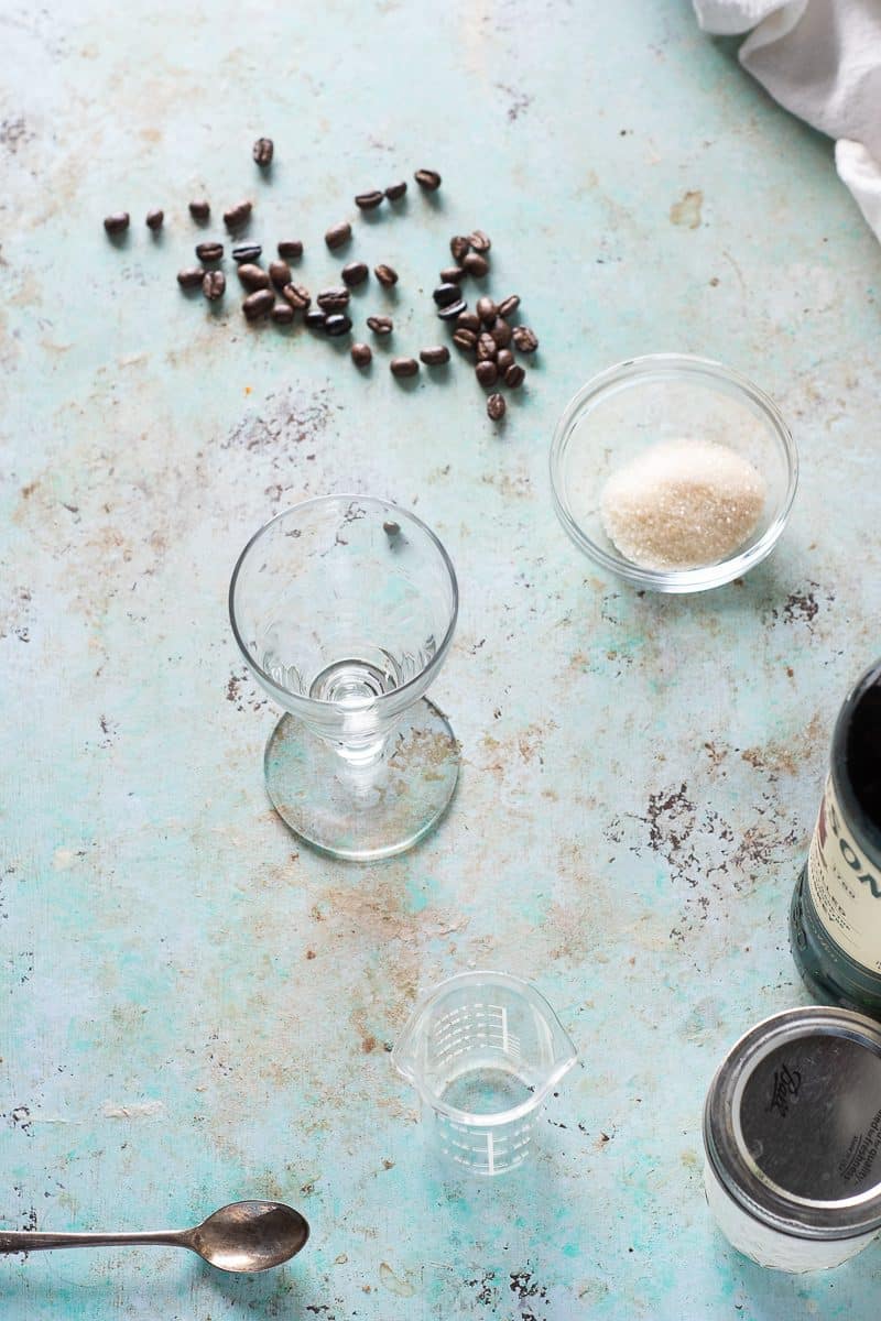 Coffee beans, sugar, Irish coffee glass, spoon