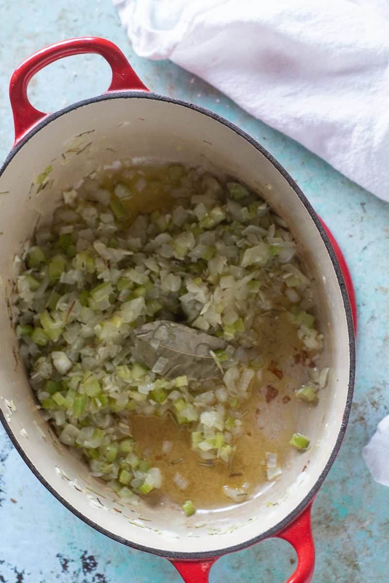 Sauteed onion, celery, garlic, rosemary, and a bay leaf in olive oil