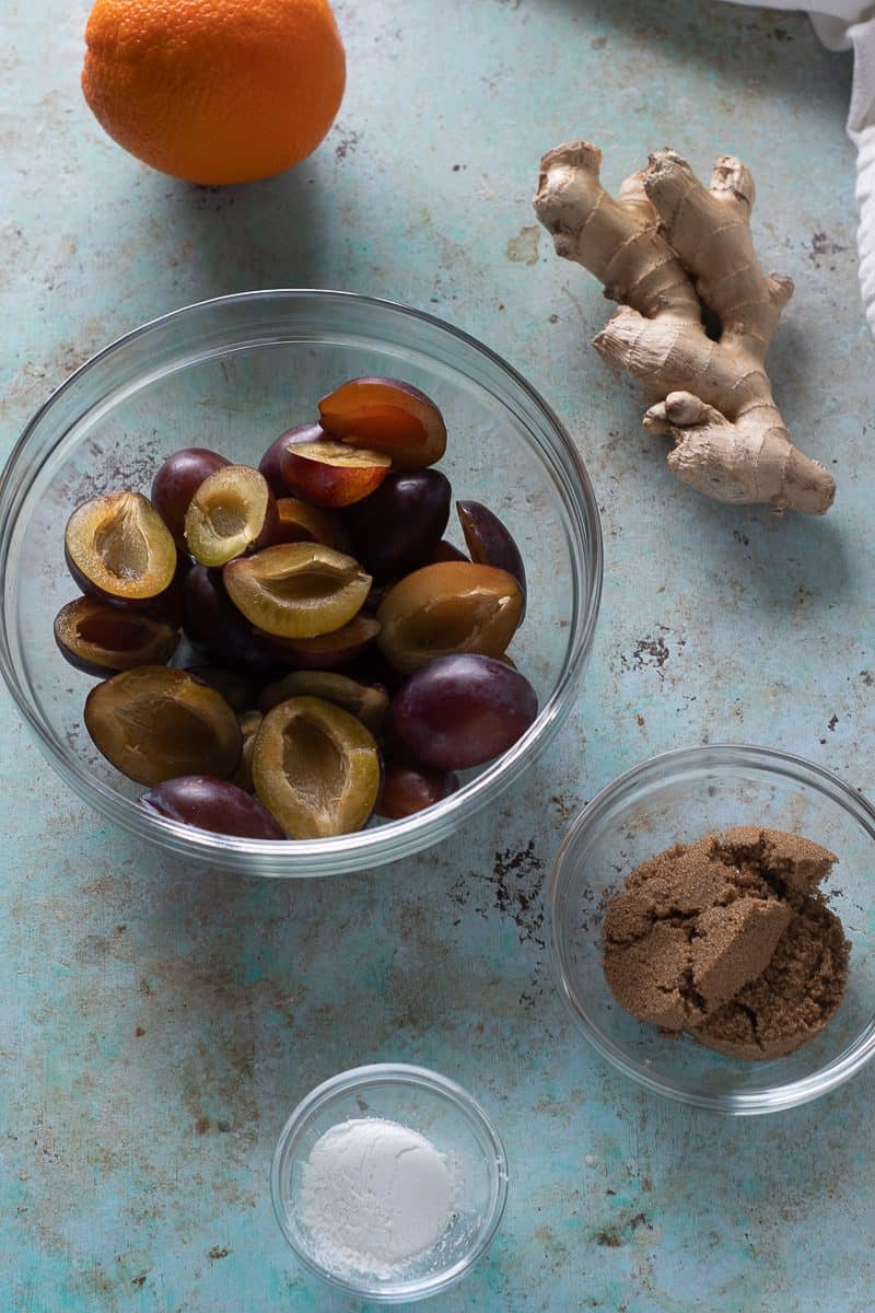 Plums, orange, ginger root, brown sugar, and cornstarch