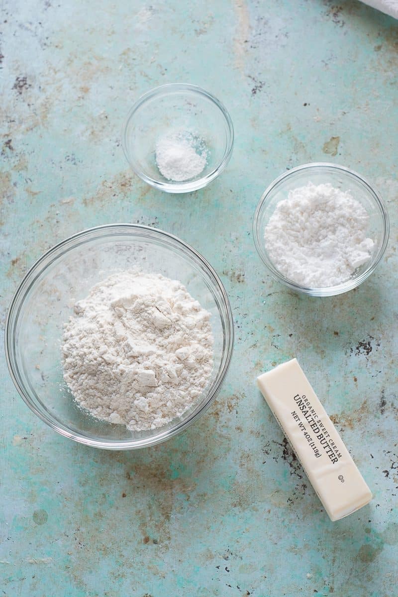 Flour, salt, confectioners' sugar, stick of unsalted butter