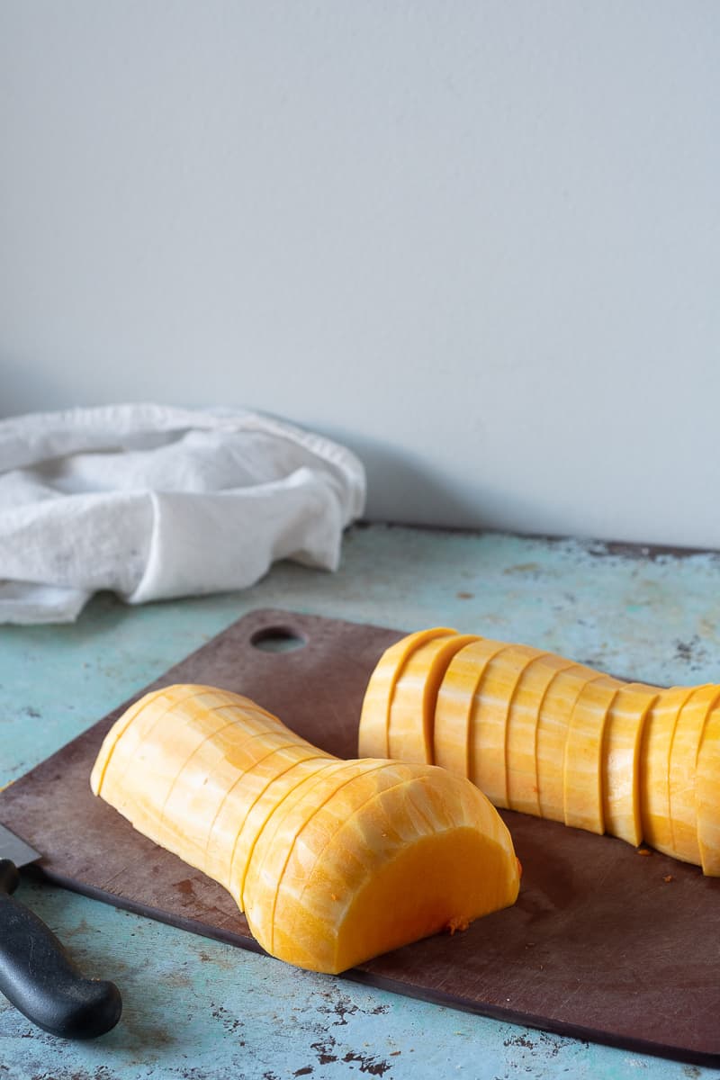 Sliced butternut squash on a cutting board