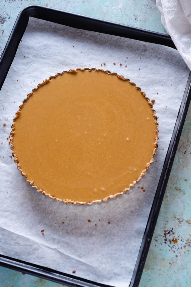 Caramel pumpkin tart ready to go into the oven