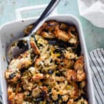 Fennel and Kale Stuffing in a baking dish