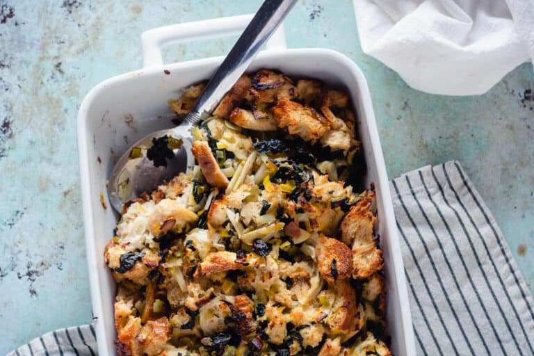Fennel and Kale Stuffing in a baking dish