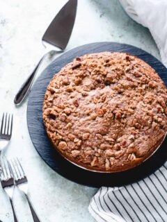 Pumpkin coffee cake overhead on a slate cake plate