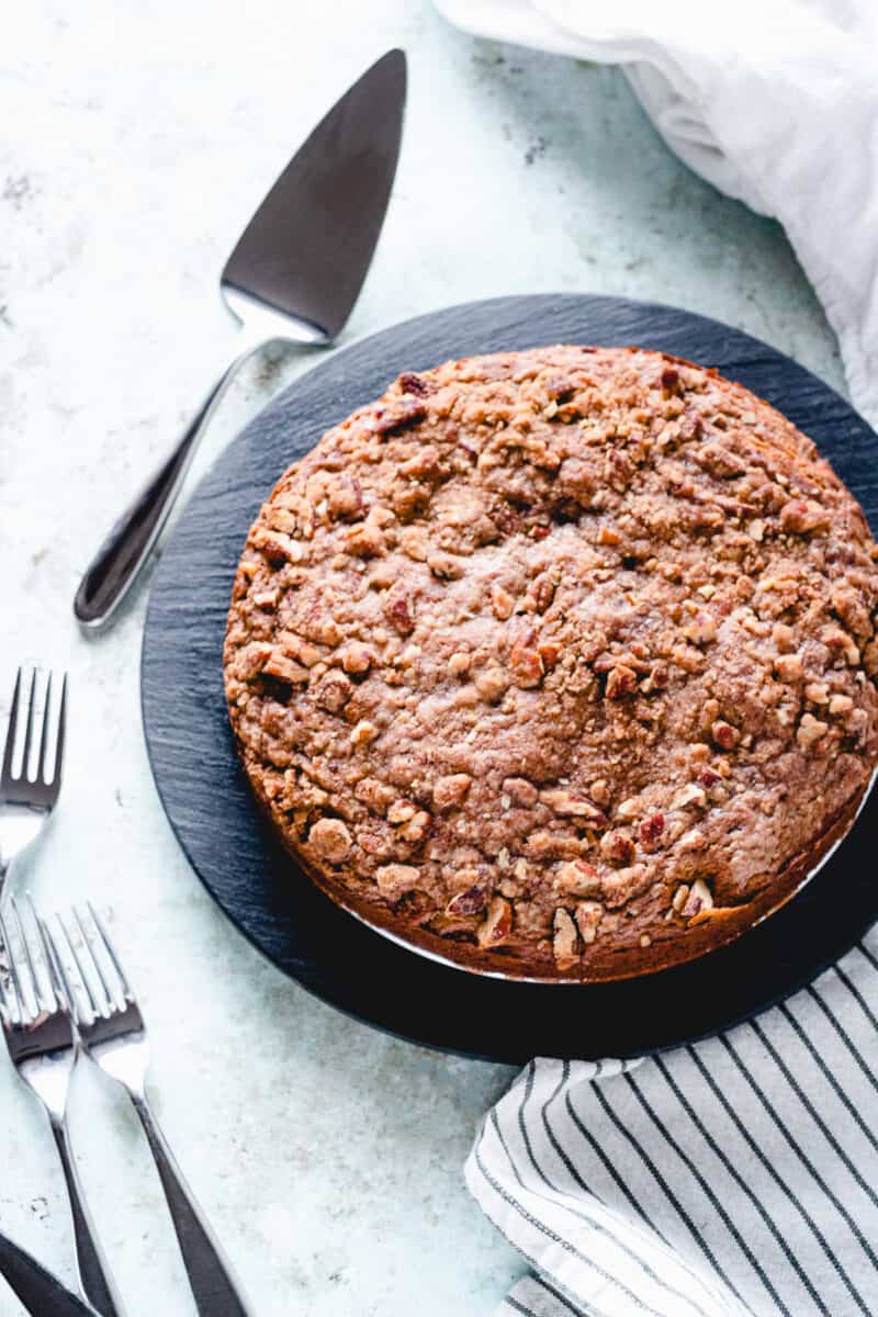 Pumpkin coffee cake overhead on a slate cake plate