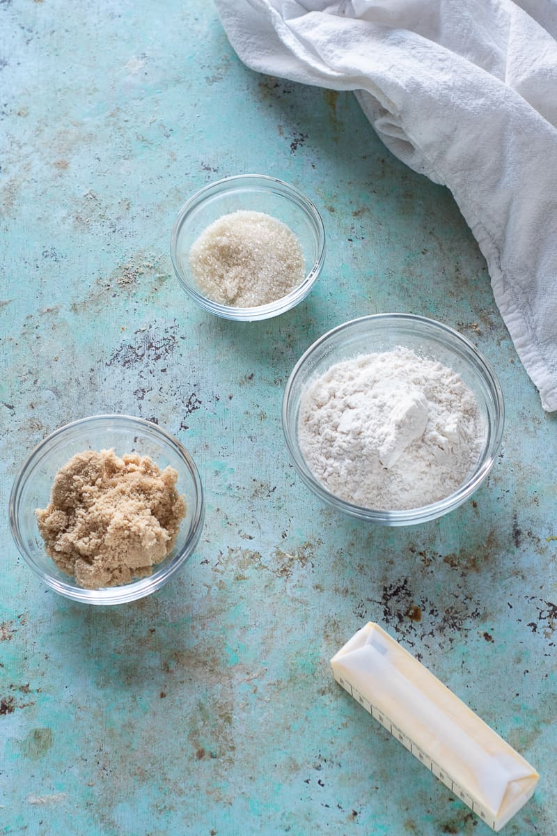 Brown sugar, granulated sugar, flour, and butter