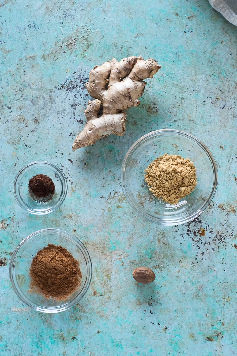 Ginger root, ground ginger, whole nutmeg, cinnamon, cloves