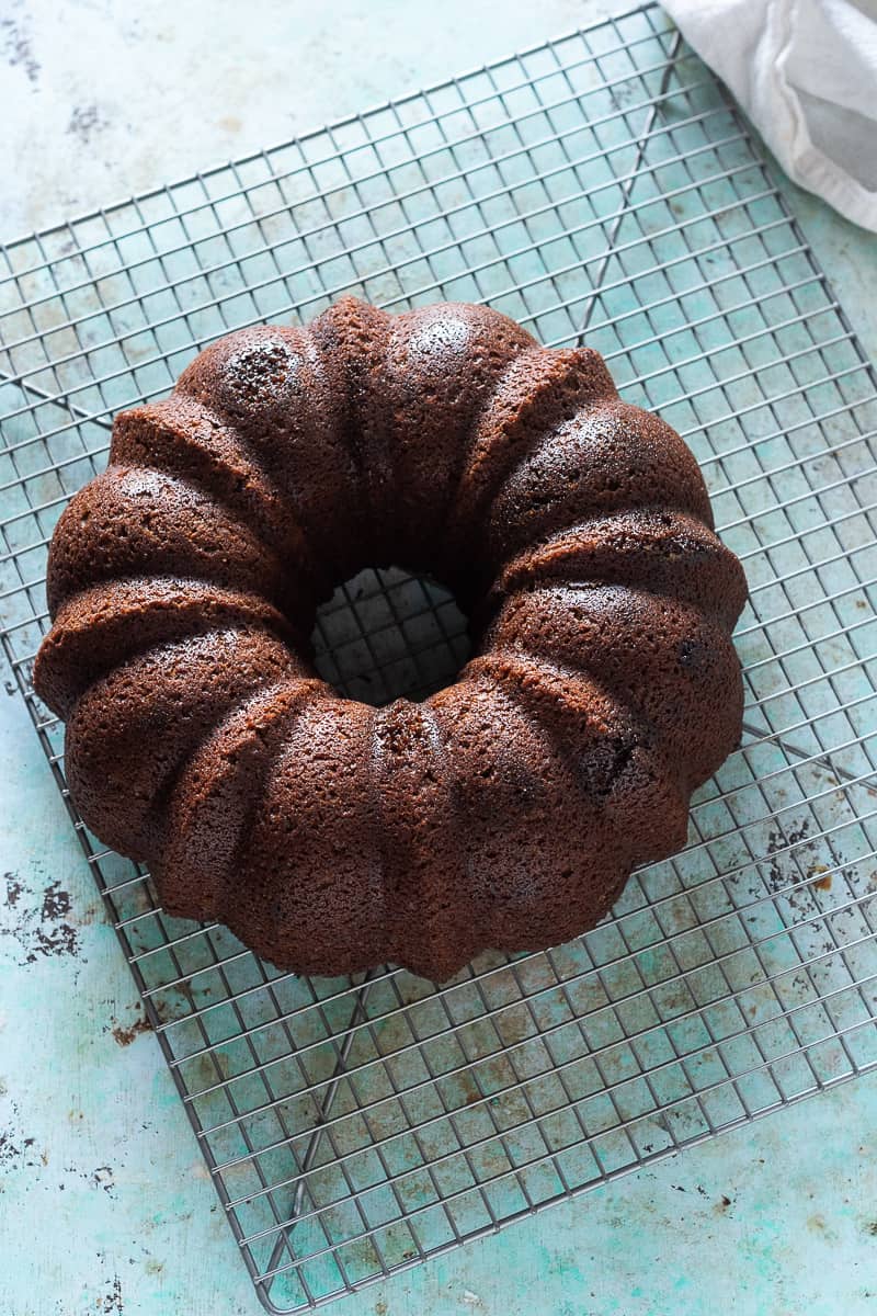 Gingerbread Bundt cake on a cooling rack