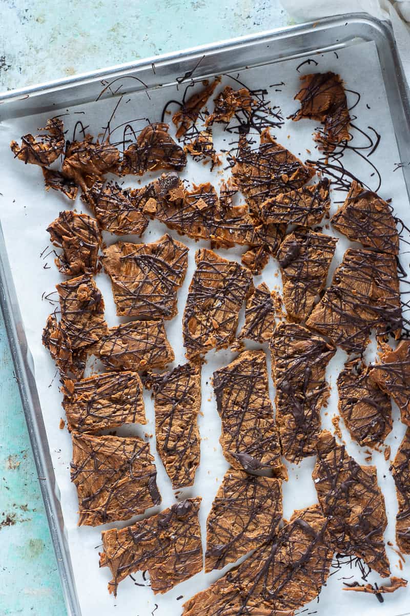 Peanut butter brittle with chocolate, broken into pieces