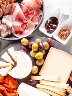 Cheeses, meats, and accompaniments up close