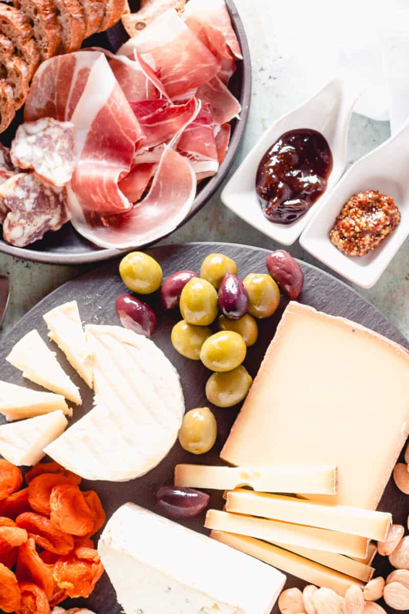 Cheeses, meats, and accompaniments up close