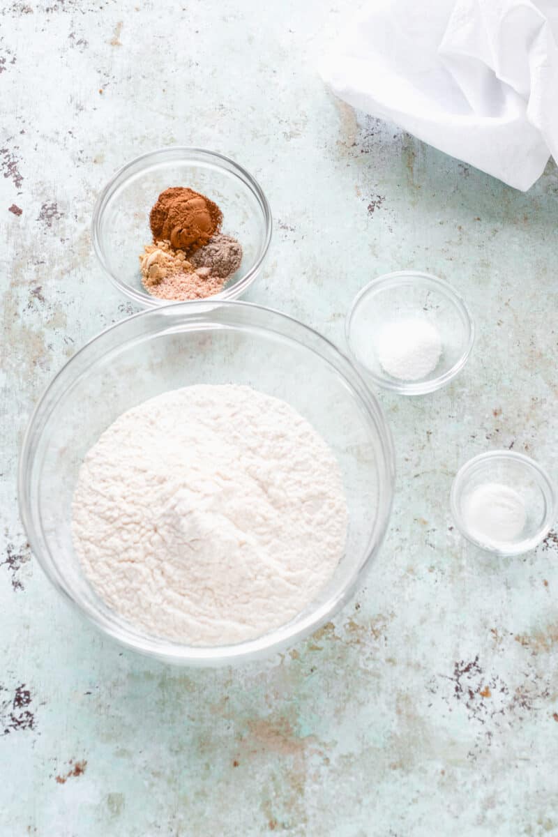 Bowls with spices, flour, salt