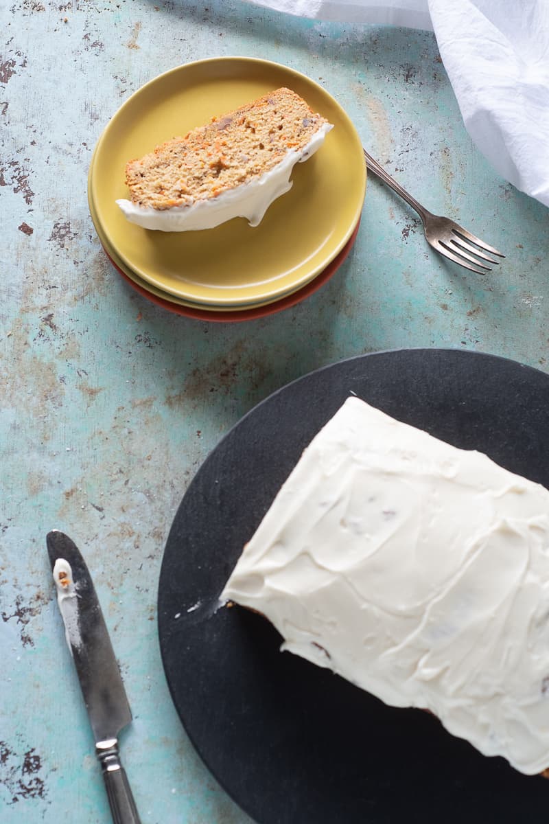 Carrot Loaf Cake with Cream Cheese Frosting, sliced
