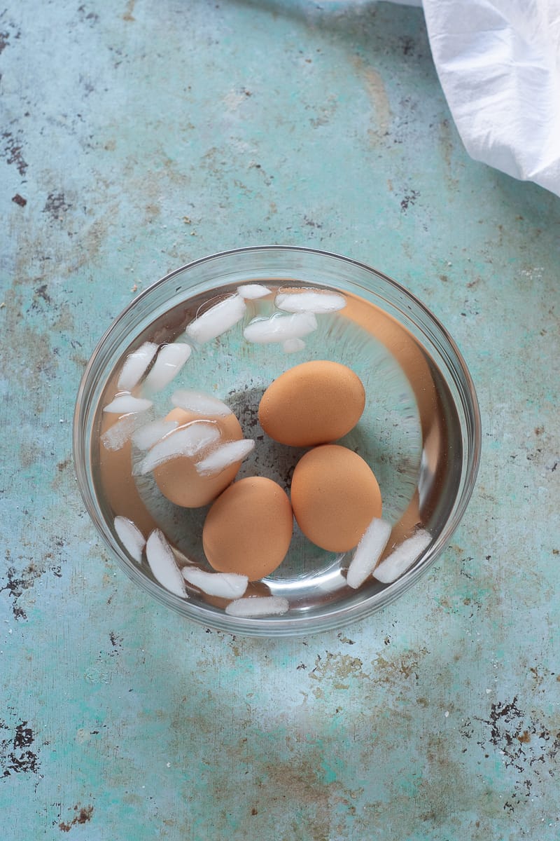 Boiled eggs in an ice bath