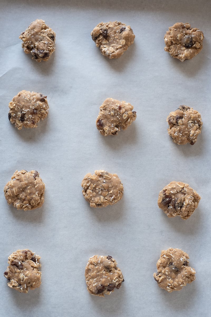 Flattened scoops of oatmeal raisin cookie dough on a sheet pan